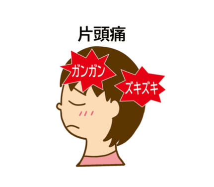 頭の片側または、コメカミにズキズキガンガン偏頭痛のイラスト