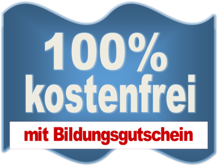 Blauer Untergrund mit weißer Schrift: "100% kostenfrei". Darunter ein weißer Balken mit roter Schrift: "mit Bildungsgutschein".  