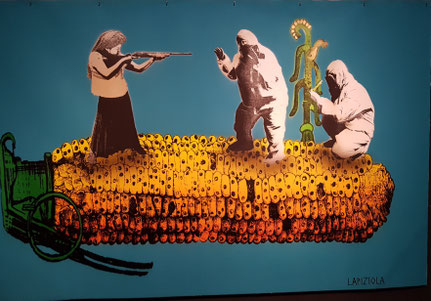 Schablone des Künstler:innenkollektivs Lapiztola: Die Verteidigung des Maises. Ausstellungsobjekt in Resist! Rautenstrauch-Joest-Museum (2021) © Foto Irene Franken