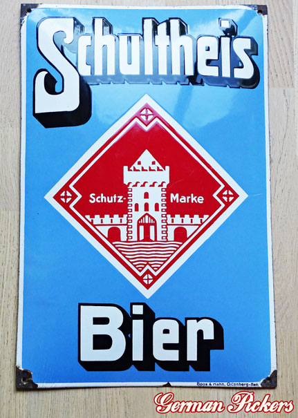 Schultheis Bier vom Rhein Weissenthurm - Emailschild  Hersteller Boos & Hahn Plakatfabrik Ortenberg (Baden)  Koblenz Weissenthurm um 1930 