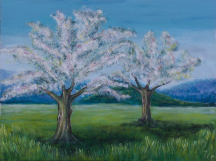 Pellypainting Kunst Acryl Landschaft Apfelbäume im Frühling