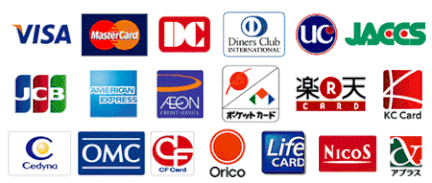 VISA,Master Card,DC,Diners Club,UC,JACCS,JCB,AMERICAN EXPRESS,AEON,ポケットカード,楽天,KC,Cedyna,OMC,Orico,Life,NICOS,アプラス等取扱クレジットカードは複数ございます。
