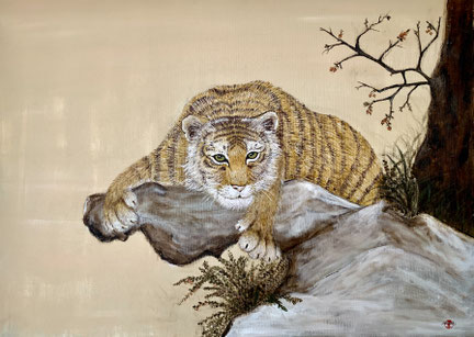 Japanese Nihonga painting with a crouching tiger that looks directly into your eyes to give you his strength and power traditional Asian artwork for your home art for sale