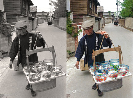 修復・色再現 作業前→作業後比較　1963（昭和38）年4月、金沢市本多町を流す金魚売り