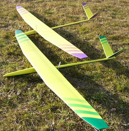 2 planeurs radiocommandés Arkanj Aeromod dans l'herbe, un jaune et vert, un jaune et violet