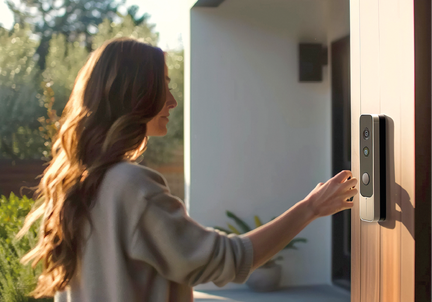Frau nutzt Smart-Home-Technik an der Eingangstüre zu einem Haus.
