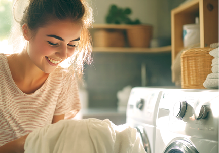 Junge Frau mit frisch gewaschener Wäsche vor einer Waschmaschine