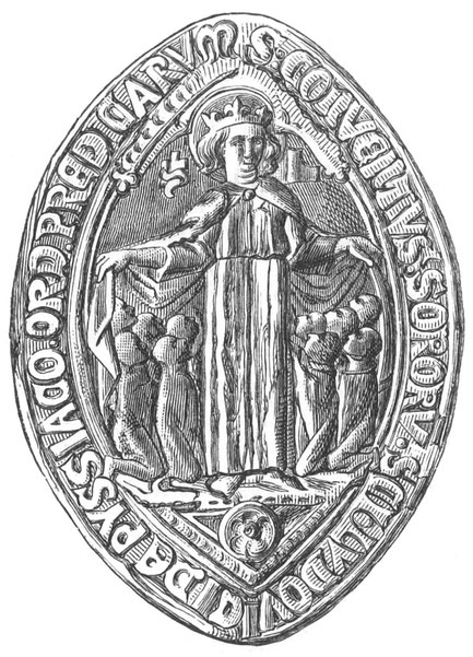 Abb. 264. – Siegel des Klosters St. Louis von Poissy, das zum Orden der Predigerbrüder der Dominikanerregel gehört. – St. Louis, mit einem Heiligenschein um sein Haupt, bedeckt mit den Falten seines Umhangs die Menschen, die ihn um Schutz anflehen.