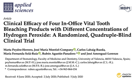M. Peydro-Herrero et al. Clinical Efficacy of Four In-Office Vital Tooth Bleaching Products with Different Concentrations of Hydrogen Peroxide: A Randomized, Quadruple-Blind Clinical Trial. Appl. Sci. 10, 4650. 2020.