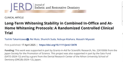 T. Takamizawa et al. Long-Term Whitening Stability in Combined In-Office and At-Home Whitening Protocols: A Randomized Controlled Clinical Trial. J Esthet Restor Dent 37. 1681-1691, 2025.