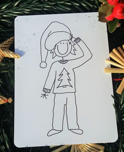 Postkarte zum Ausmalen mit Jungen mit Weihnachtsmütze