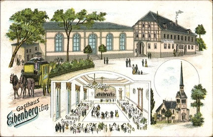 Ansichtskarte um 1904 mit Gasthof und Ballsaal und Postkutsche
