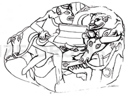 Fig. 1. Monolith with drum and totemic animals (2 m. long from Airpurah – south Sumatra)