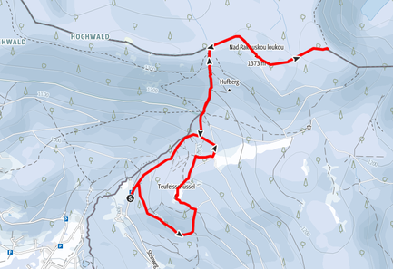 Routenverlauf von Oberschwarzenberg auf den Tschechischen Plöckenstein und die Teufelsschüssel