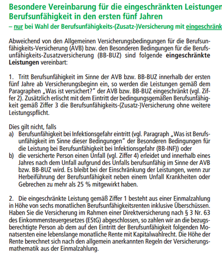 Auszug aus Besondere Vereinbarung für die eingeschränkten Leistungen und den Wegfall des Versicherungsschutzes bei Berufsunfähigkeit in den ersten fünf Jahren