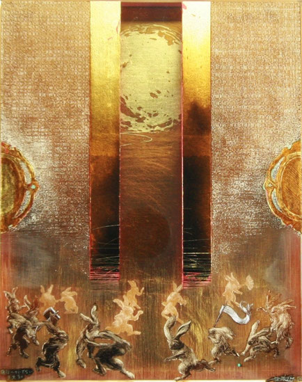 「夜行へのいざない」 （The temptation      of the night lines） 多層ガラス絵（3層）/393×341mm /¥275,000（税込み）
