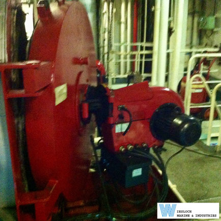 Weishaupt RMS8 ZMD modulating heavy oil burner aboard a bunkering tanker, detached from the heater during a service visit, showing the burner motor and Siemens RAR9 flame sensor.