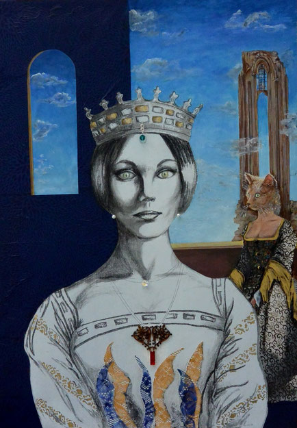 "Métamorphose. La Reine baroque". 2018. Technique mixte sur toile : huile, crayons, fusain, pierre noire, collages-papier, dentelle, broderies perles et bijoux. 