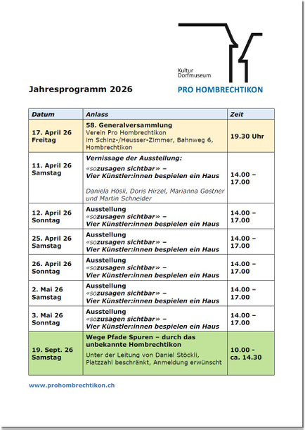 Jahresprogramm 2026 des Kultur Dorfmuseum - PRO HOMBRECHTIKON