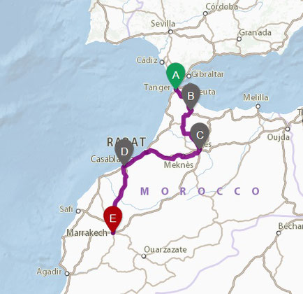 Mapa itinerario ruta 5 dias de Tanger a Marrakech. Viajes SoloMarruecos