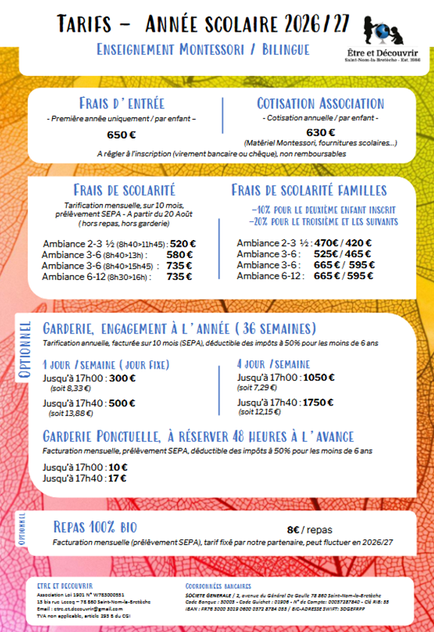 Tarifs 2022-2023 Etre et Decouvrir Familles FR