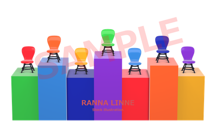 柱の上に椅子が並んでいる　虹色　3DCGインテリア　ポスター　カラフル