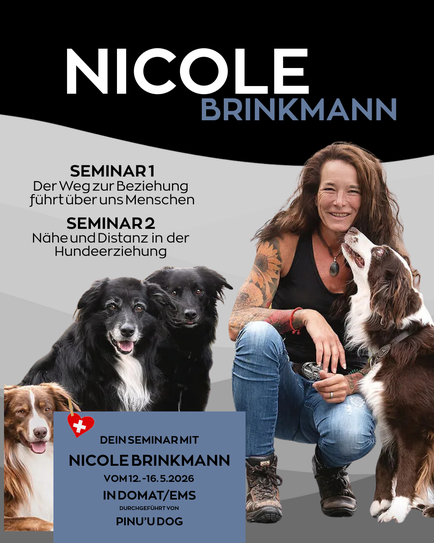 Instuktorin posiert mit ihren Hunden, beworben werden Seminare zu Beziehung, Nähe und Distanz in der Hundeerziehung 