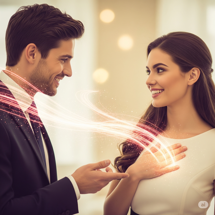 A couple exchanging heart-centered healing energy, symbolizing transformation through subconscious activation and energy work.