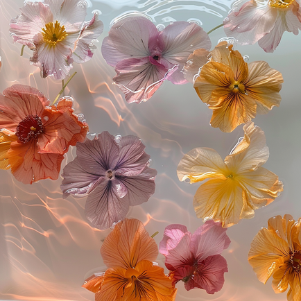 verschiedenfarbige Blumen, die im Wasser schwimmen, im Stil der Rokoko-Pastellfarben, lichtdurchflutete Kompositionen, realistisch und doch ätherisch, hellgrau und bernsteinfarben, vielschichtige Textur, farbenfrohe Installationen, Flower Power