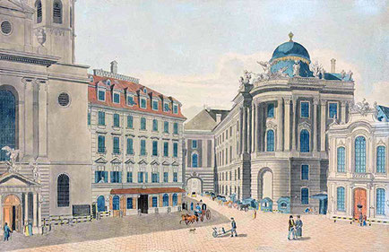 Michaelerkirche, k.k. Reitschule und k.k. Nationaltheater nächst der Burg. Kolor. Umrissradierung von C. Schütz. 1800.