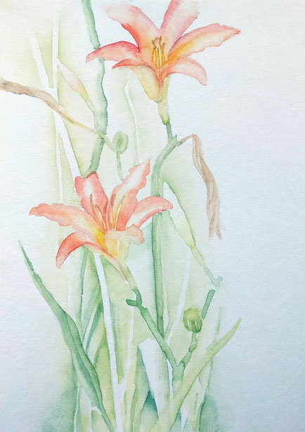 Aquarellbild "Lilien": zwei orangefarbene Lilien