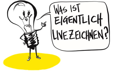 Eine Glühbirne auf zwei Beinen stellt die Frage: was ist eigentlich Livezeichnen? In Echtzeit, live komplexe abstrakte übersetzung