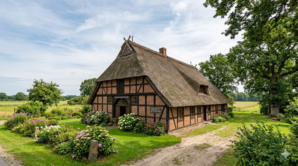 Historisches denkmalgeschütztes Fachwerkhaus mit Reetdach und traditioneller Fachwerkkonstruktion
