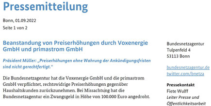 Beanstandung von Preiserhöhungen durch Voxenergie GmbH und primastrom GmbH- veröffentlicht von Rechtsanwalt Sven Nelke 