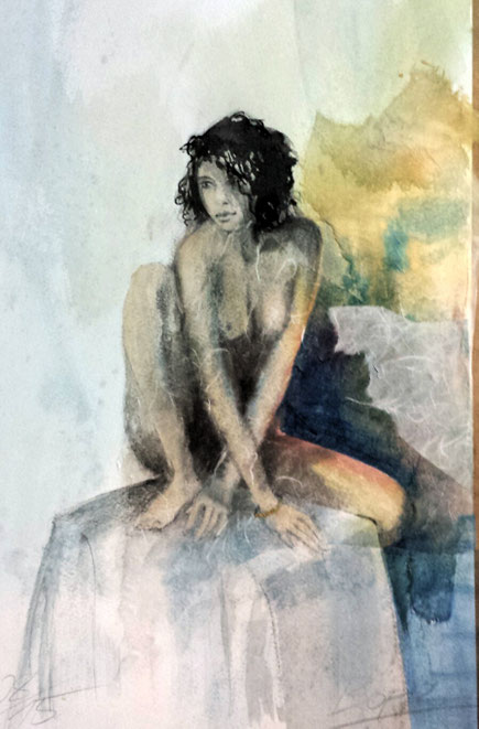 Wandbild Weiblicher Akt Frauenportrait, Hochformat, Farben Pastelltöne gemalt von Jopie Bopp