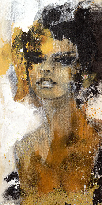 Dolce Vita Frauenportrait, Hochformat Farben Braun und Schwarz, Original gemälde handgemalt von Jopie Bopp