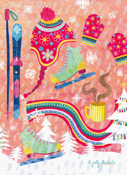 Winter joy, festive papercut illustration with skies, hot chocolate, a christmas tree and colourful worm clothing, papercut illustration by the jolly illustrator/ Elze van den Akker. licensing art