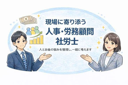 総合人事・労務顧問サービス（伴走型顧問）を案内するイラスト。男女の社会保険労務士が並び、社会保険・労働保険手続きや人件費・労務管理まで含めて、現場に寄り添い実務を支援する姿勢を表現している。