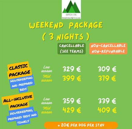 WEEKEND PACKAGE in Vosges CANCELLABLE NON-CANCELLABLE Non-refundable Housekeeping, prepared beds and towels dogs welcome