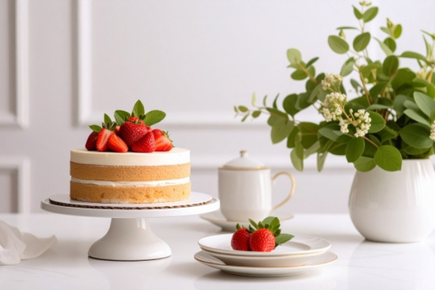 いちごとクリームのホールケーキ。ティーポット。ユーカリの小枝が飾られた花瓶。