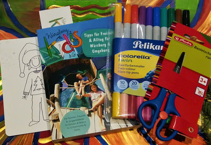 Sonderaktion: Buch "Würzburg für Kids & Co" im Set mit Pelikan-Stiften oder Bastelschere