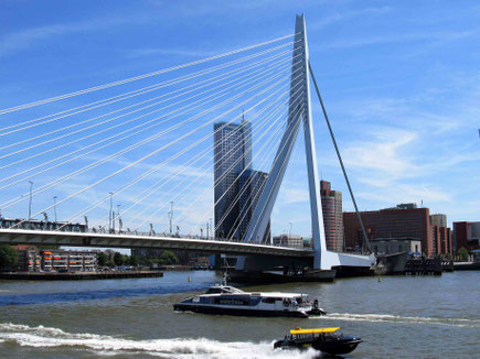 "Erasmusbrücke" - Erasmus war im 16. Jh. ein bedeutender Philologe in Holland. Im Vordergrund ein Wasserbus / Wassertaxi