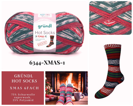 Das Foto zeigt das Knäuel Sockenwolle XMAS 6fach in Weihnachtsfarben von Gründl, den Farbverlauf wie die Abbildung der fertigen Socken