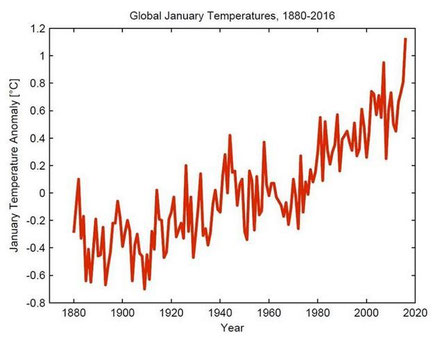 Temperaturanomalien im Januar seit 1880. Noch nie war ein Januar so warm wie 2016. Quelle: Sydney Morning Herald