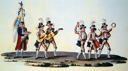 Bettelbruder mit Almosenschale und Fahne des Heiligen Geistes, mit zwei Gitarren, zwei Pandeiros und einem Tamburin. Aquarell von J. C. Guillobel. 1814.