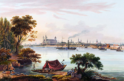 Speyer von Nordosten. Kol. Aquatinta von J. L. Bleuler. Vor 1840.