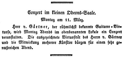 Carl von Gärtners letzte Konzertanzeige in "Der Bazar für München und Bayern" Nr. 60. 10. März 1833
