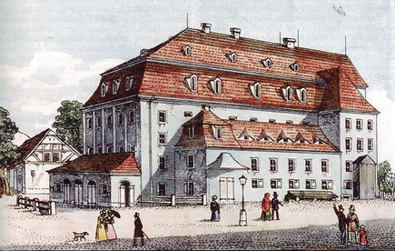 Das kleine Hoftheater in Dresden. Kolorierte Lithografie von C. H. Beichling. 1820.