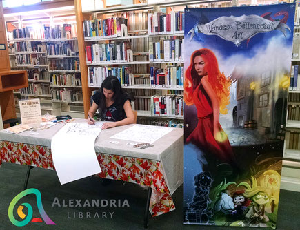 alexandria library, beatley central library, friends of the library, drawing, workshop, how to draw, portraits, sketching portraits, portuguese artist, art, vanessa bettencourt art, artist alley set up, books, book fair, best of