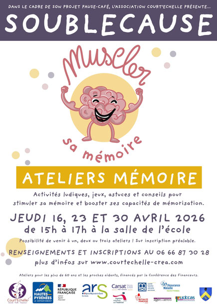 Affiche ateliers mémoire organisés par Court'Echelle à Soublecause (65) en avril 2026